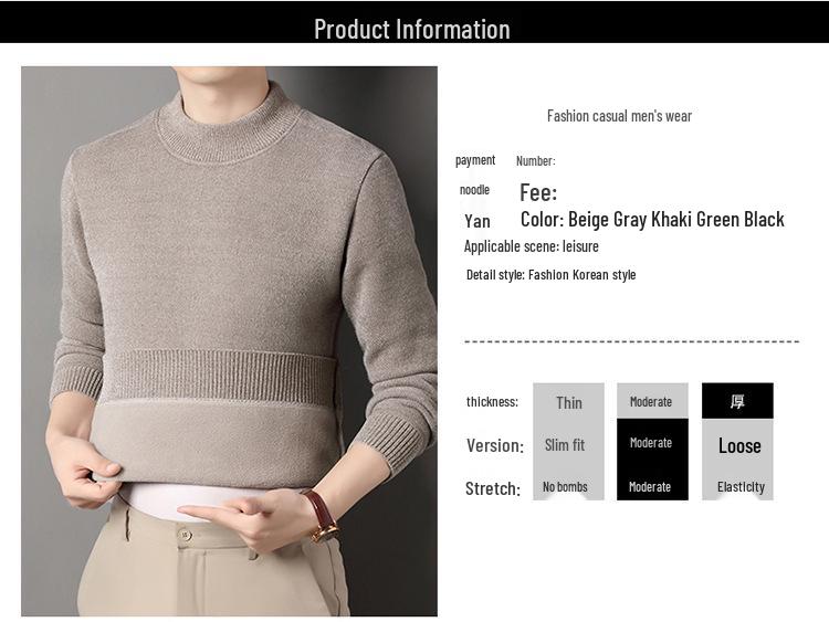 Men's Thick Plush High Neck Sweater - Pure Color Knit for Winter Warmth