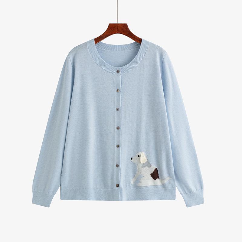 Plus Size Women s Round Neck Jacquard Cardigan - 2026 Spring Style Puppy Design XL (120-150 lbs) синий