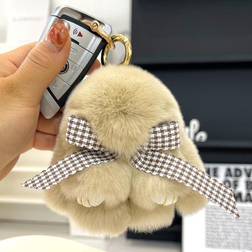Real Rex Rabbit Hair Bowknot Little Rabbit Car Key Chain Pendant Cute Plush Drop Ear Rabbit Doll Bag Pendant