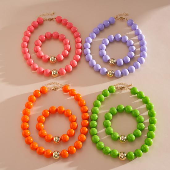 Perlenschmuck für Damen, Acryl-Kettenhalsband mit großen Perlen, Elastisches Armband mit runden Perlen, Sommerliches Retro-Accessoire