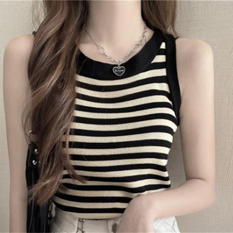 Letní korejské pruhované pletené tílko dámské kulatý výstřih bez rukávů slim tílko