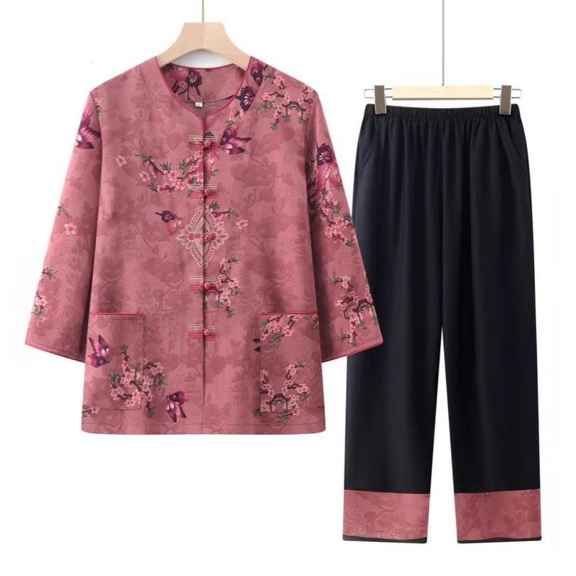 Grandma's Summer Clothing Set: Plus Size Mid-Sleeve Shirt for Middle-Aged and Elderly Women – Casual Spring Outfit for Mom