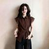 Summer Women Brown Blouse Turn-Down Collar Lace Up Office Lady Shirt Butterfly Sleeve Ruffles Feminine Blouse