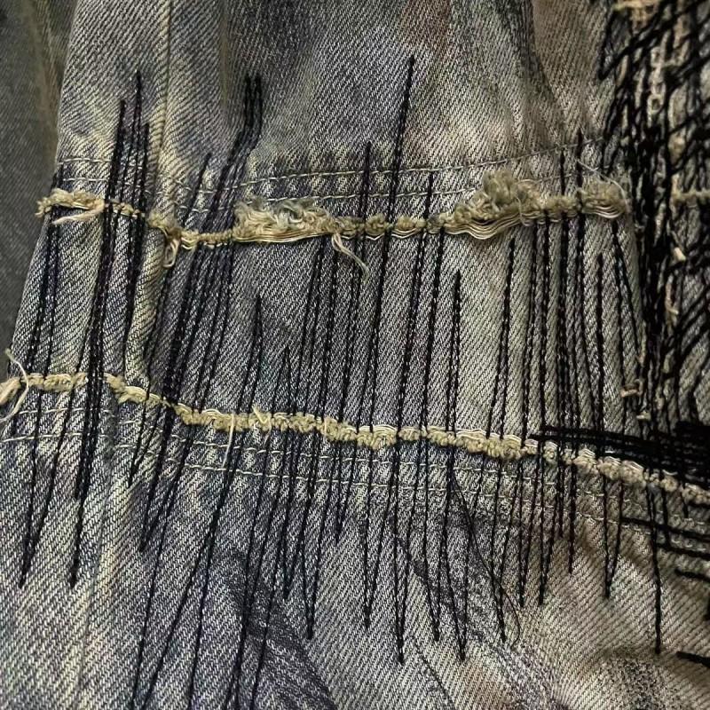 Jeans larghi a vita alta effetto distressed con dettaglio ricamato Streetwear Donna