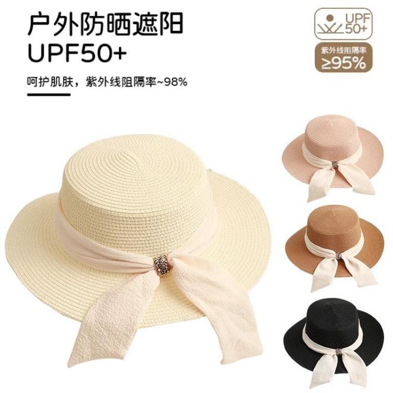 Wide Brim Flat Top Straw Hat Women's Summer Travel Fashion Bow Sunshade Sunscreen Hat Top Hat Casual Beach Sun Hat