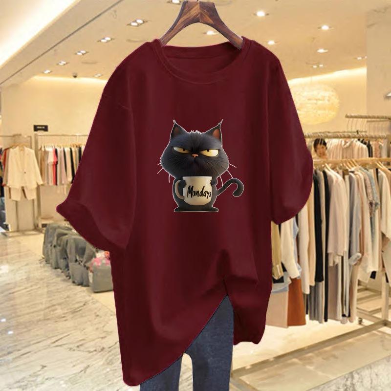 Cartoon Cat Graphic Breathable Round Neck Short Sleeve Women's Casual T-Shirt