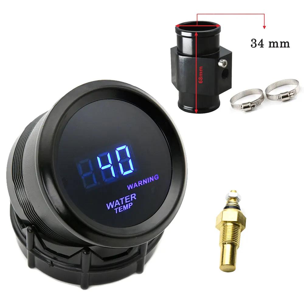 52mm Wassertemperaturanzeige Blaue LED-Beleuchtung mit 16mm-40mm Anschlussrohr-Adapter Schwarz/Blau mit Wassertemperatur 1/8NPT Sensor