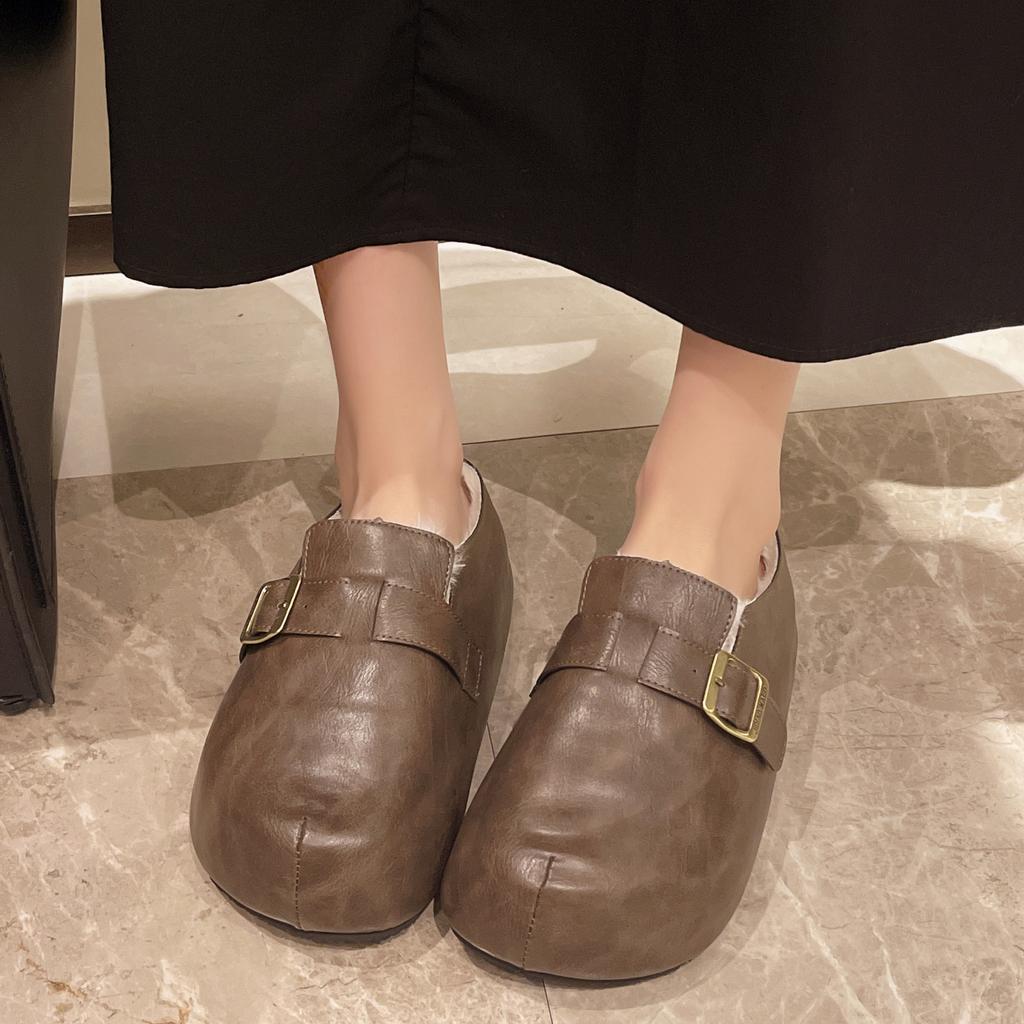 Women's Solid Color Flat Shoes 2024 New Velvet Inner Warm Windproof Outdoor Leisure Comfortable Women's Slippers Loafers