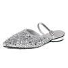 Fashion Silver glitter slides summer shoes woman low heel slippers bling bling pointed toe sandalias 34-42 big size mules women pantufla