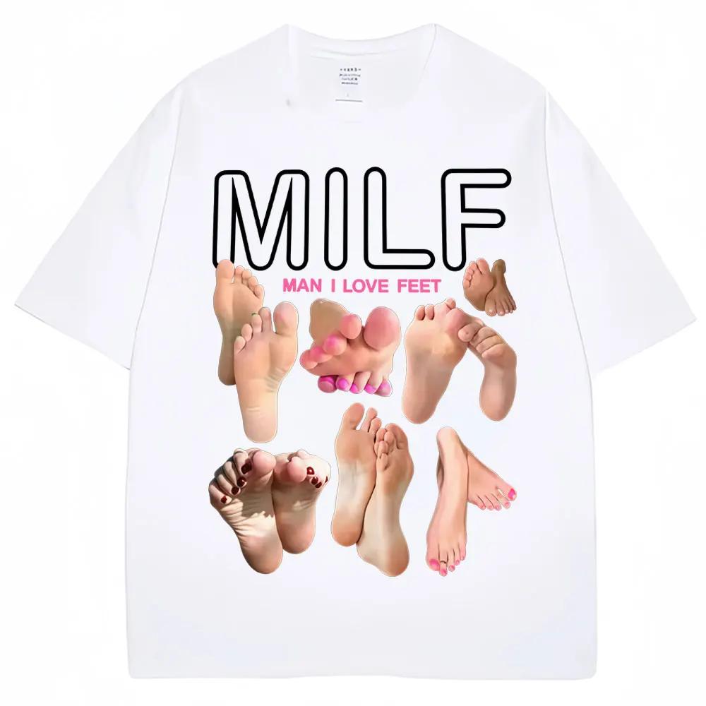Summer men's MILF men, I love feet, funny meme pattern printed T-shirt, 100% cotton, casual streetwear, foot fetish