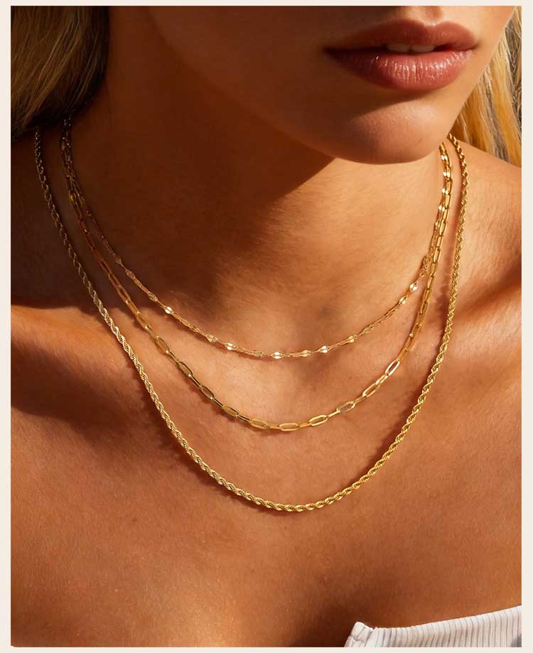 Layer Basic Chains Necklace for Women, 18K Gold Plated Stainless Steel Lips Round Bead Curb Twist Rope Chain Necklace Waterproof