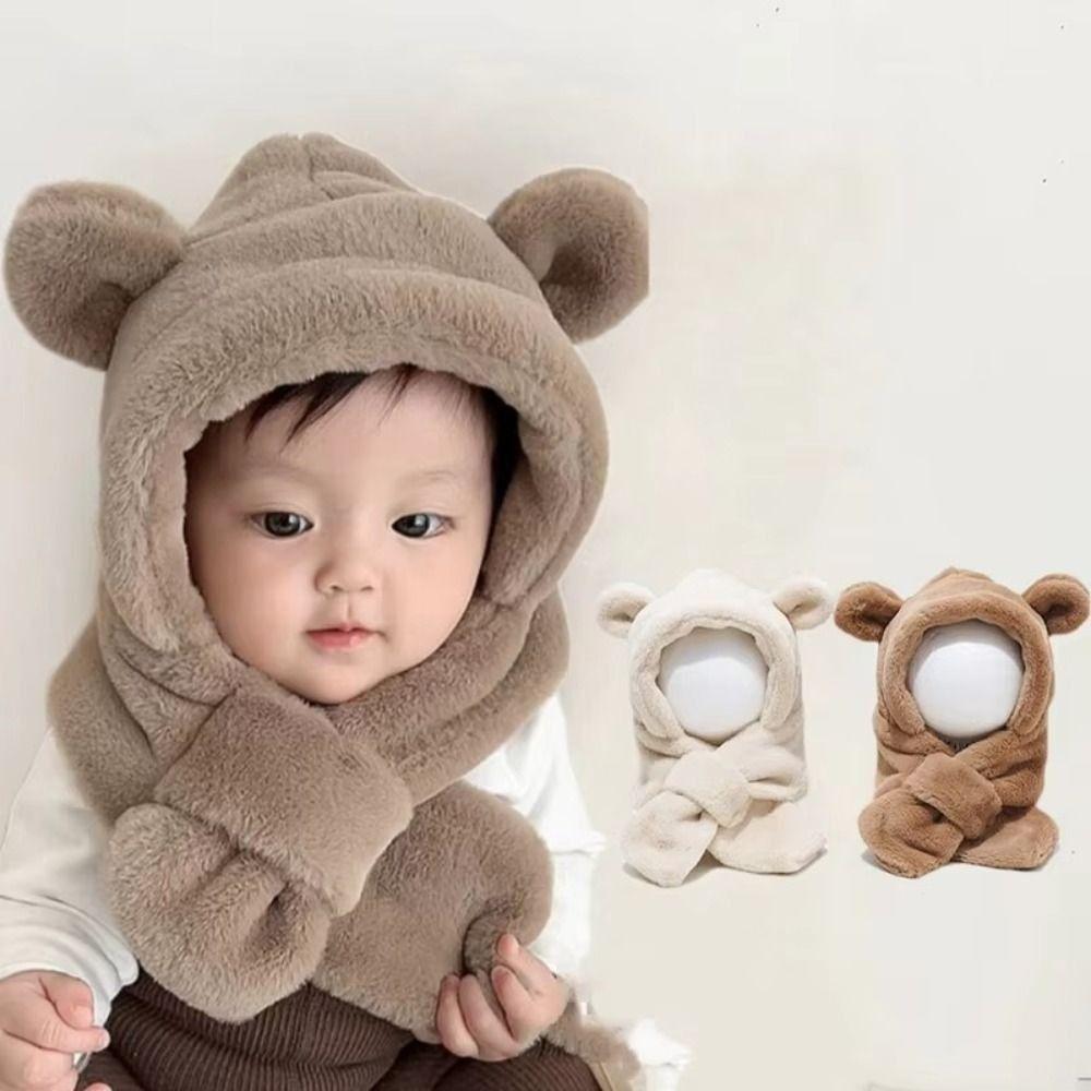 Soft Warm Baby Bear Plush Hat Winter Ear Protection Hats Cute One-Piece Hat Scarf Boy Girls