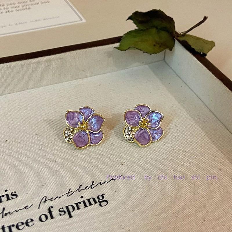 Fashion Blooming Flowers Stud Earrings for Women Purple Enamel Oil Crystal Earrings Wedding Party Cute Fashion Jewelry Gift