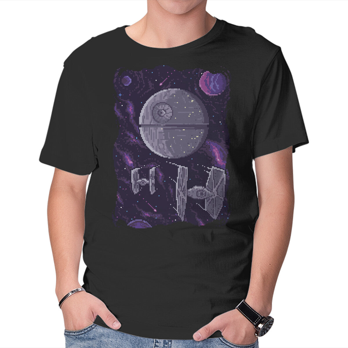 Unisex Crew Neck T-Shirt Pixel Death Star Graphic Short Sleeve Casual Tee XL