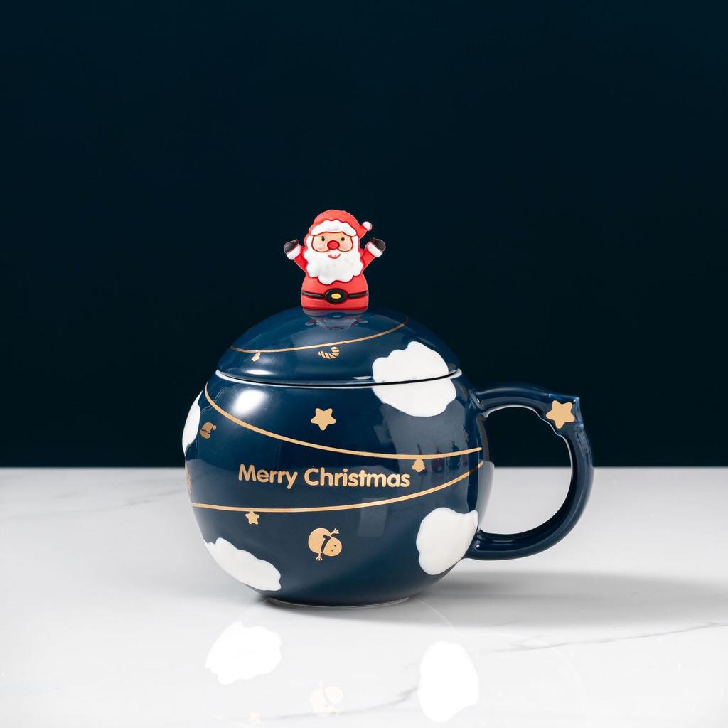 Creative Cartoon Santa Claus Spherical Water Cup with Lid Spoon Mug Blue/Red Household Large-capacity Ceramic Cup Christmas Cups