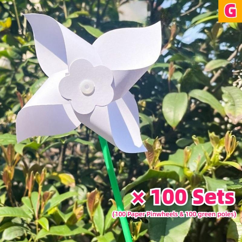 

100pc Summer Event DIY Paper Pinwheels Crafts Set Blanks White Small Windmills Kits Bulk Drawing Party Kid Toy Assembly Handheld