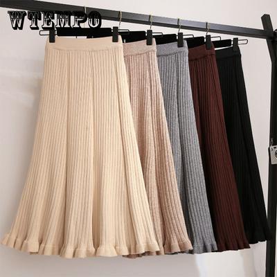 Winter Verdickter Rippenstrick Großer Swing Maxi Lange Röcke Eleganter Solider A-Linien Faltenrock Knöchellang Strickrock Kaffeebeige