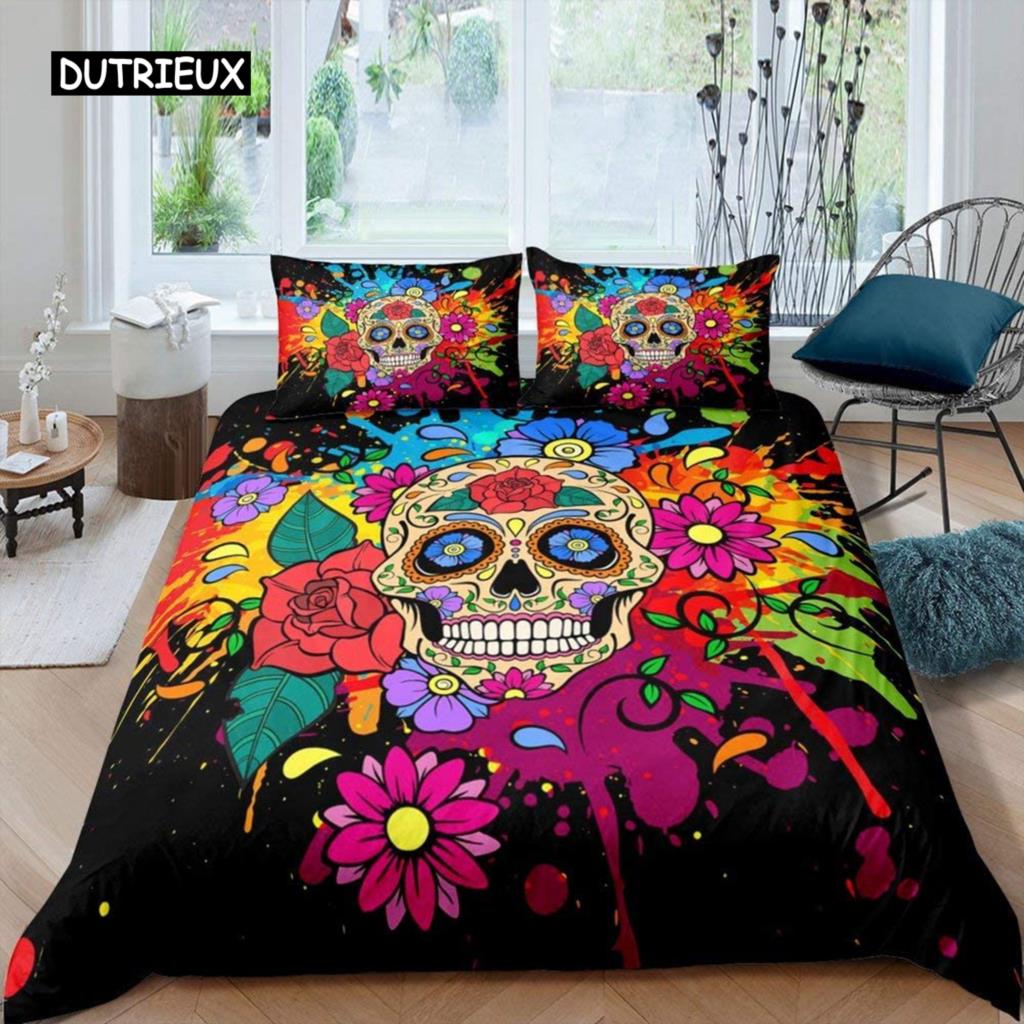 Sugar Skull Duvet Cover Set, Monochrome Skull with Roses Leaves and Diamond Shape Folklore Festival Print,Decorative Bedding Set