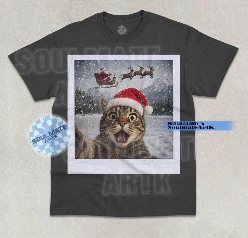 Cute Cat Selfie T- Shirt Funny Santa Christmas Xmas Joke Cat Lover Graphic Shirt L