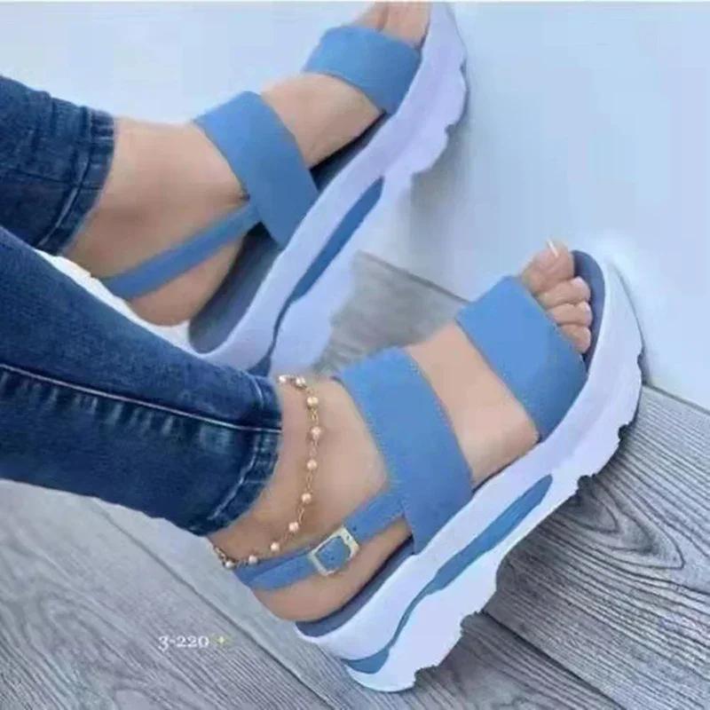 Fashion Women's Sandals New Summer Thick Bottom Solid Color Casual High Heel Sandals Fashion One Piece Buckle with Slope Heel Sandals