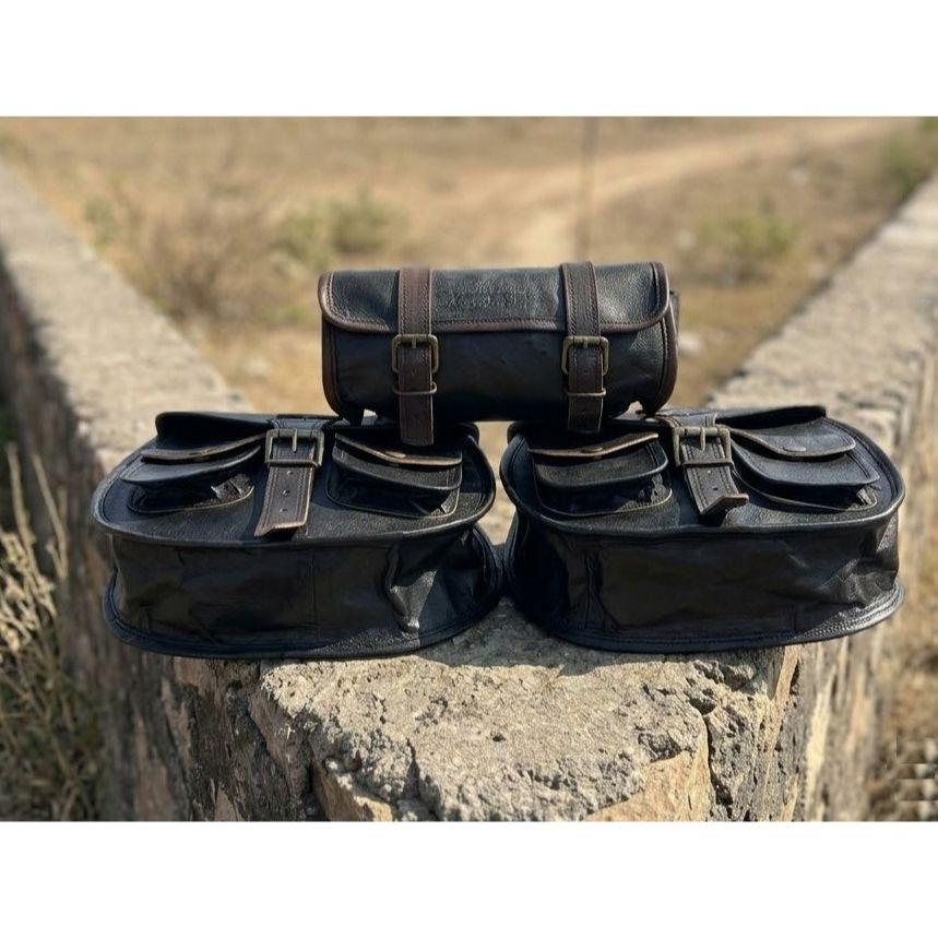 Black Leather Motorcycle Saddle Bag 3 Side Panniers Luggage Saddlebags Tool Bags