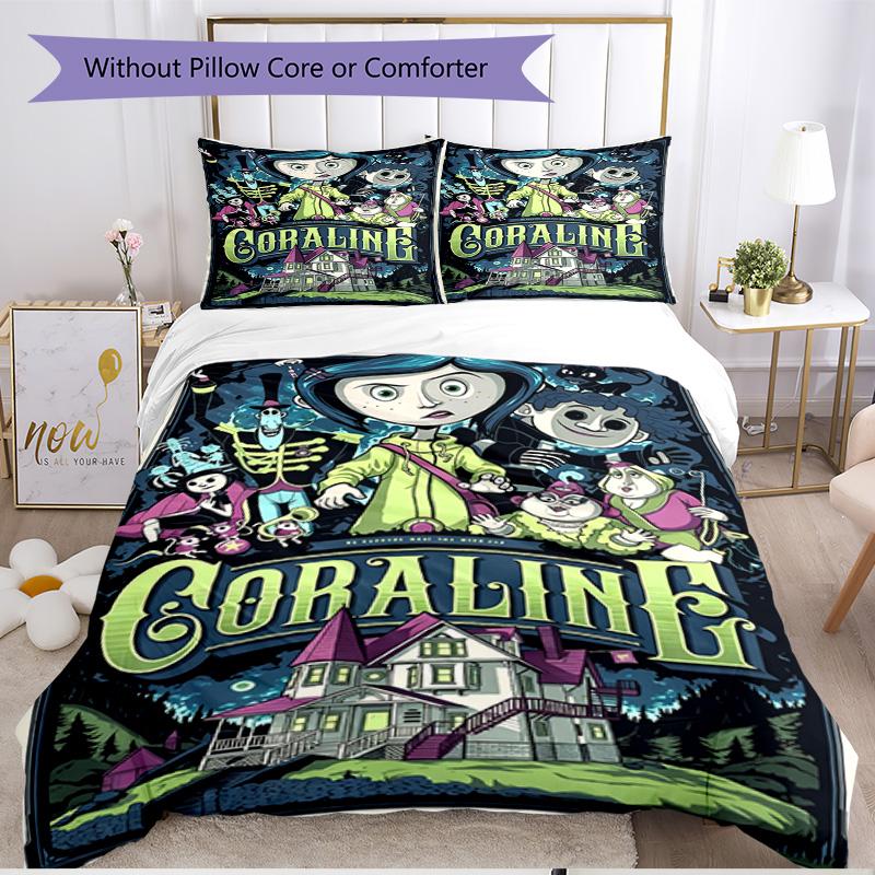 3pcs Duvet Cover Set (1*Duvet Cover + 2*Pillowcase, Without Core), Coraline Print Soft All‑Season Bedding Set, Home Bedroom Decor Gift