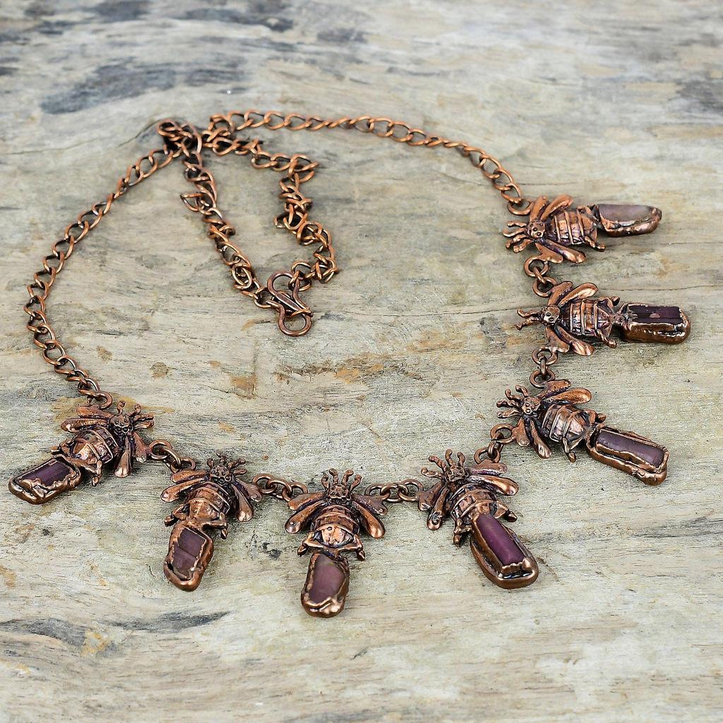Pink tourmaline rough necklace electroformed copper necklace adjustable chain necklace honey bee necklace natural gemstone handmade jewelry