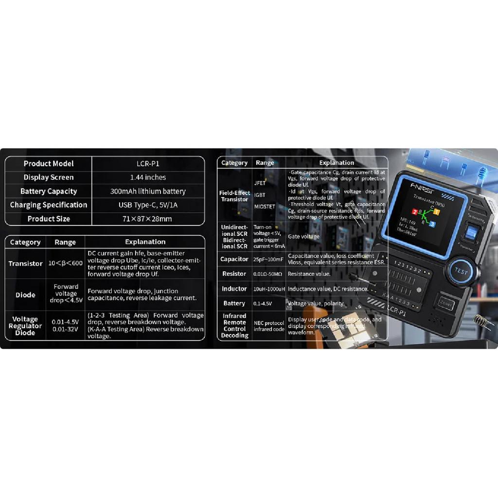 FNIRSI LCR-P1 Transistor Tester,Transistor Capacitor Tester,SMD Electronic Component Tester,Diode Triode Zener Diode Resistance