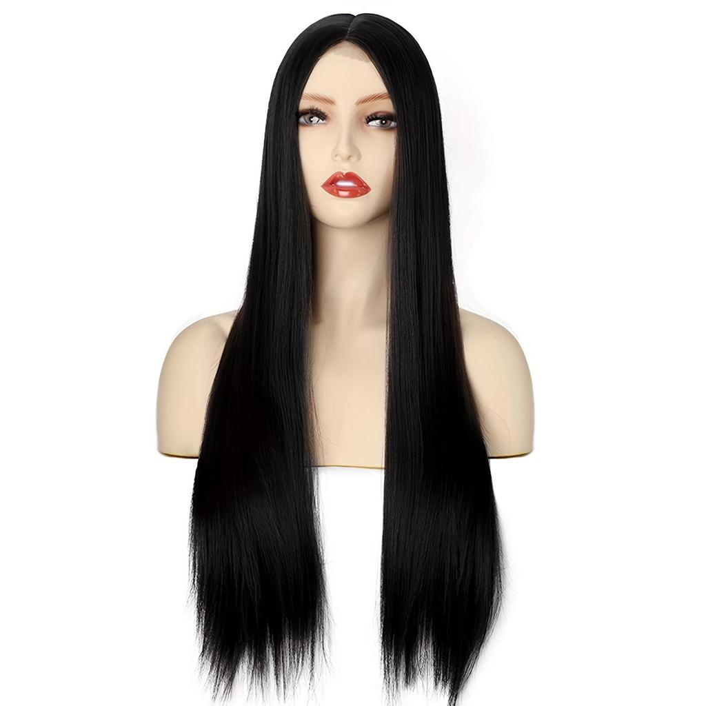 Hitzebeständige dunkelbraune Lace-Front-Perücke, Kunsthaar-Perücke mit glattem Haar und natürlichem Teil für Damen, Cosplay und den Alltag