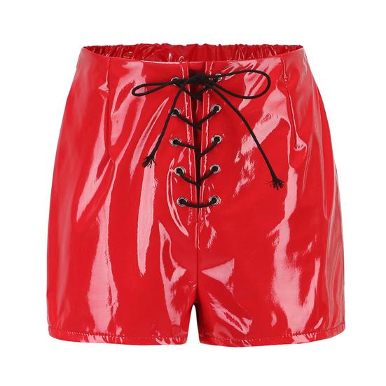 

Сексуальні жіночі однотонні обтягуючі шорти з еко-шкіри з люверсами та перехресними ремінцями, висока талія M червоний