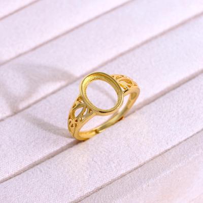 Gold-Plated S925 Sterling Silver Oval Open Ring with Filigree Design and Pave Setting