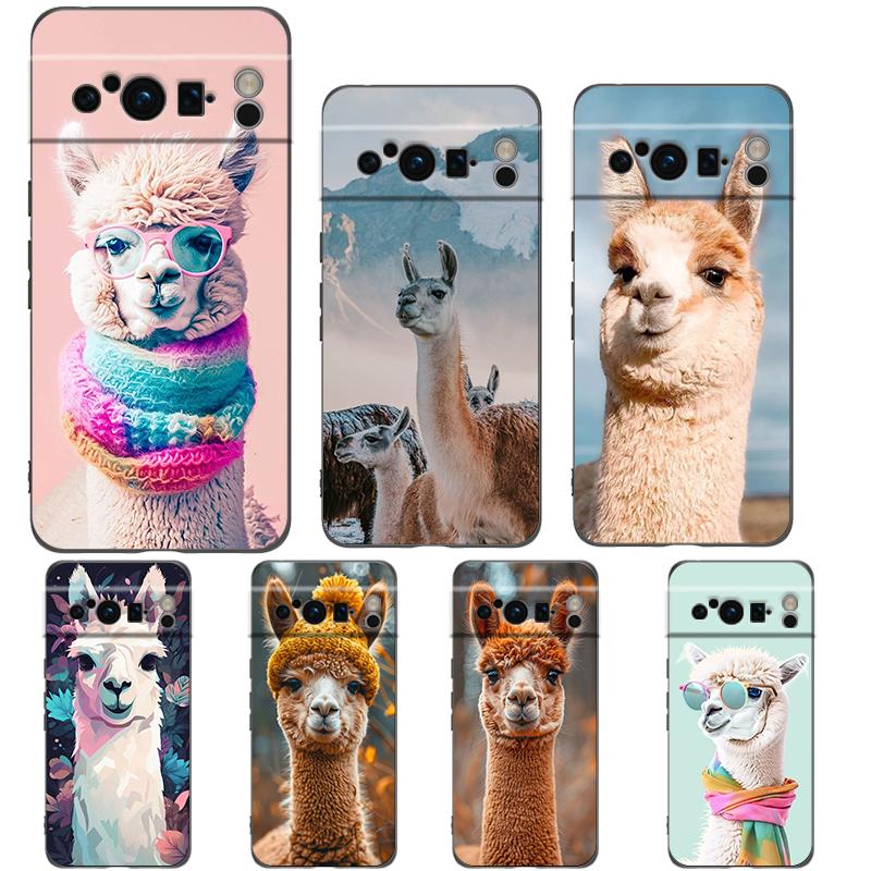 Kawaii Alpaca lovely Phone Case For Google pixel 9 8 7 6 Pro 8A 6A 7A 5G Silicone Shockproof Black Cover Fundas