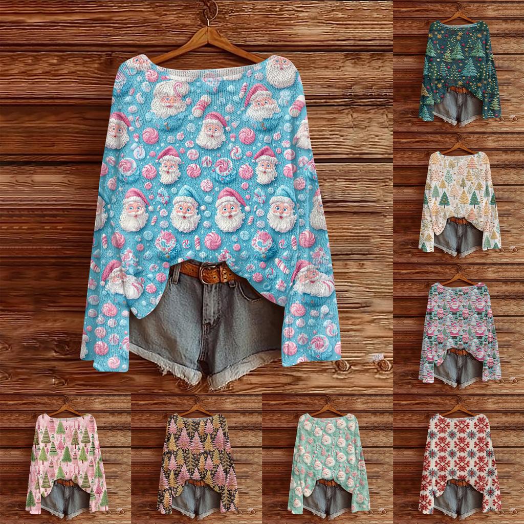 Ladies' Fashionable Casual Long Sleeved Christmas Printed Round Neck Knitted Yarn