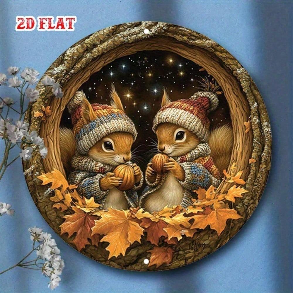 [Upgraded 2D Flat] 1pc Round Aluminum Sign Winter Squirrel Nut Rustic Metal Wall Art Home Decor 7.87x7.87 Inch