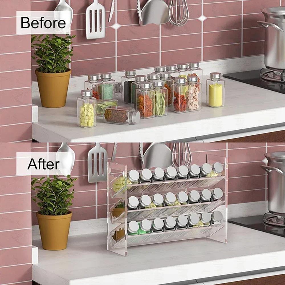 Simple Three Layer Acrylic Spice Display Rack for Home Kitchen Countertop Transparent Spice Rack Multi-functional Storage Rack