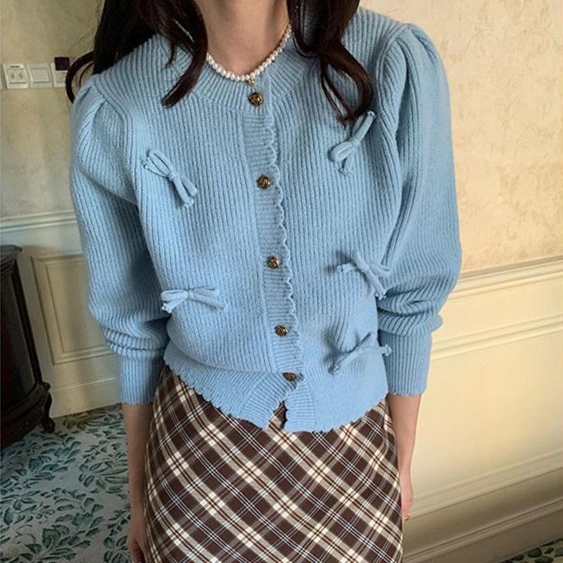 

Свитер на весну и осень, французский нежный и милый вязаный кардиган с бантом, женский дизайн, топ с круглым вырезом, короткий свитер, кардиган, пальто