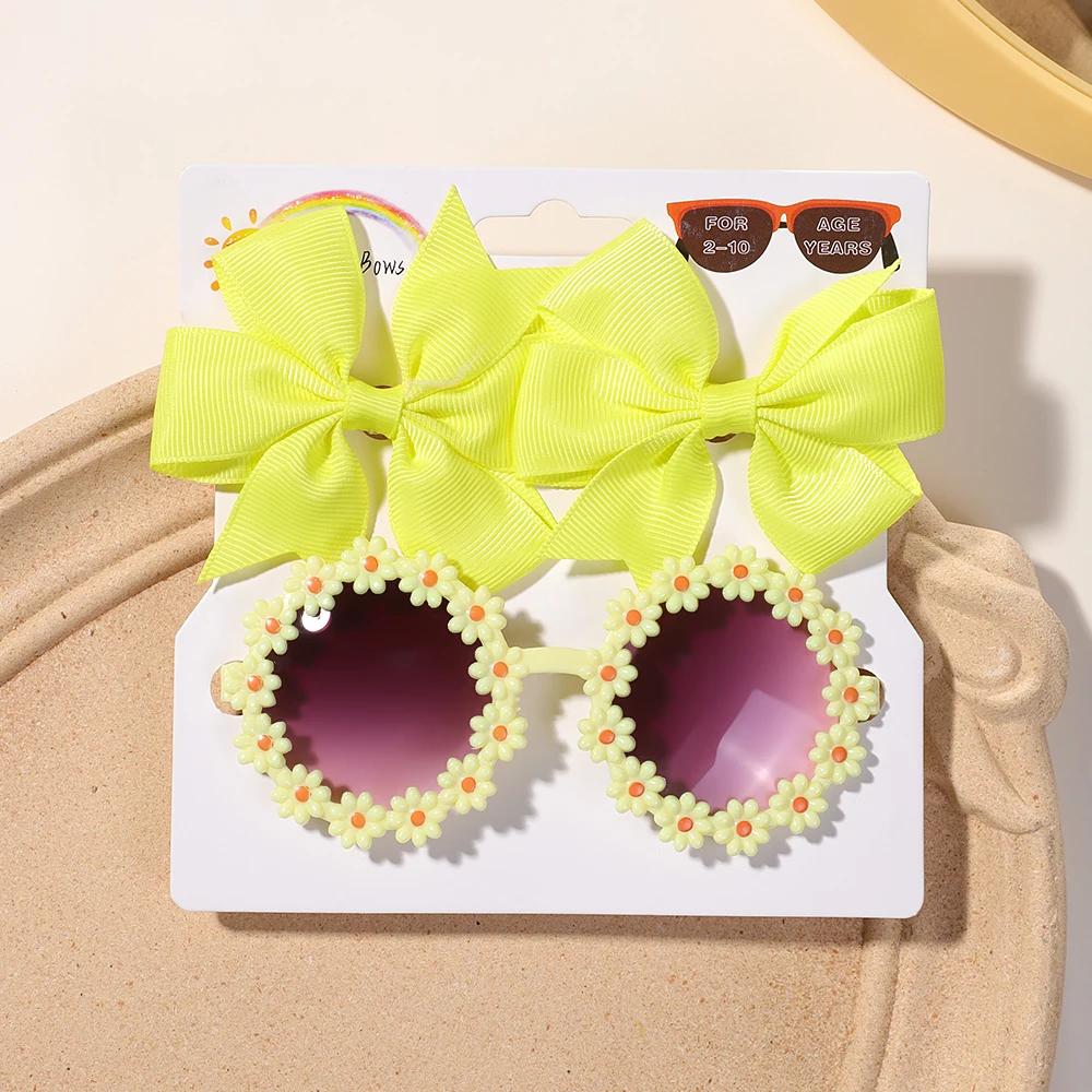 

3Pcs/set Cute Girl Bow Hairclips Retro Flower Sunglasses for Kids Printing Handmade Hairgripes Kids Headwear Glasses Accessories