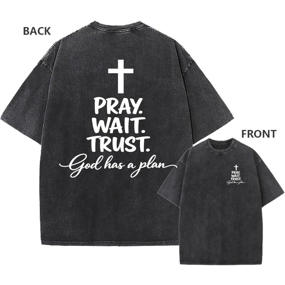 Men s Vintage Washed Cotton Oversized T-Shirt Pray Wait Trust Retro Graphic Tee M