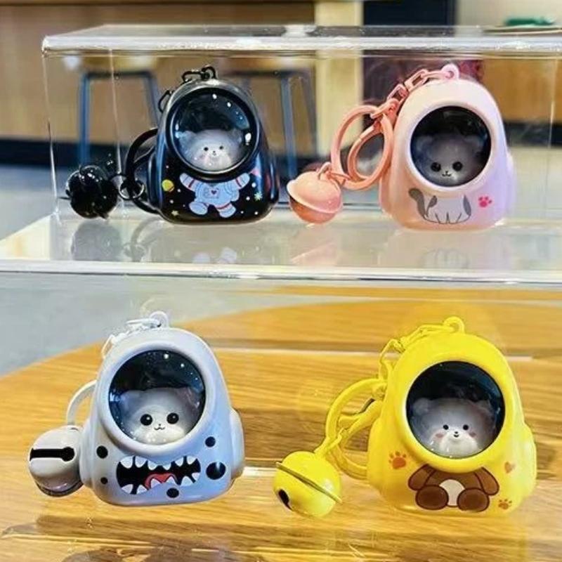 Glowing Starry Sky Animal Action Figurine Astronaut Backpack Keychain With Light Bell Cute Animation Charm Bag Pendant Holiday Present