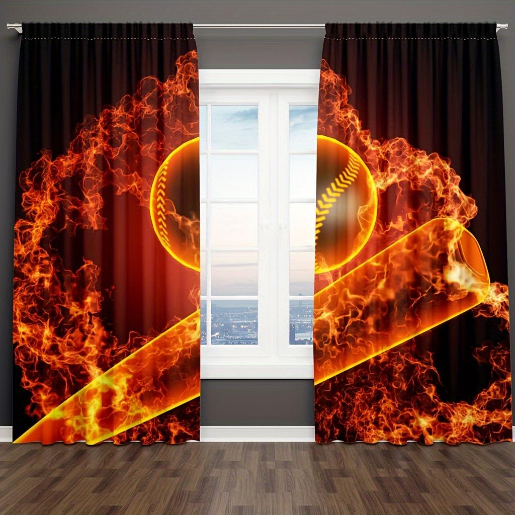 2 Panels Sports Curtains Rod Pocket Abstract Flame Basketball Theme Wall Decor Teens Bedroom Men Cool 3D Ball Art Printed Drapes