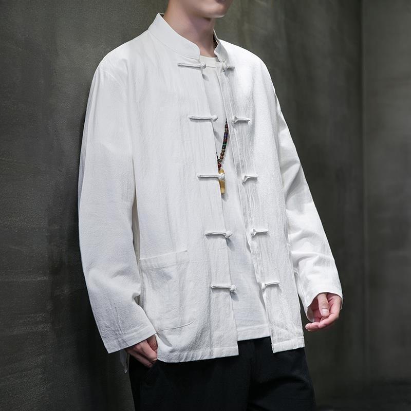 Chinese Style Men's Cotton Linen Shirt Long Sleeve Stand Collar Tang Suit Coat Button Up Traditional Chinese Fashion Autumn Wear