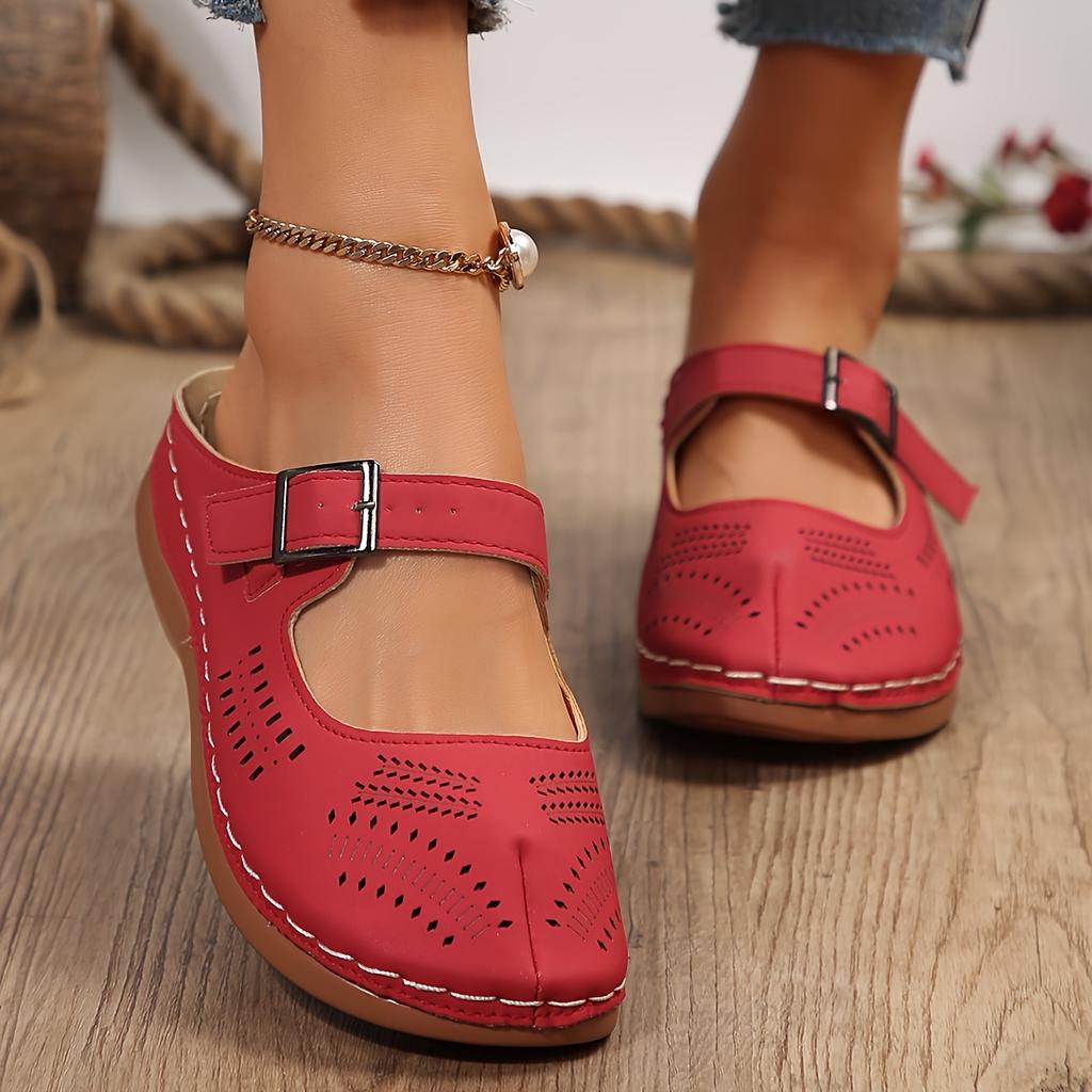 Womens Faux Leather Solid  Round Toe Flat Heel Wedge Sandals Comfortable Slip-on Buckle Strap Design, Soft Faux Leather Insole