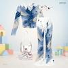 Girls Printed Two Piece Outfit Round Neck Long Sleeve Top Flared Pants Blue Beige White