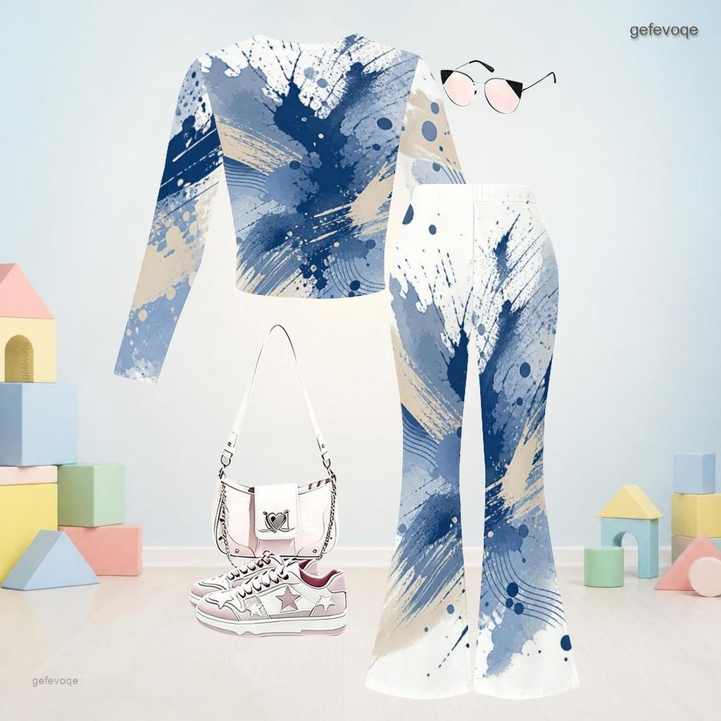 Girls Printed Two Piece Outfit Round Neck Long Sleeve Top Flared Pants Blue Beige White