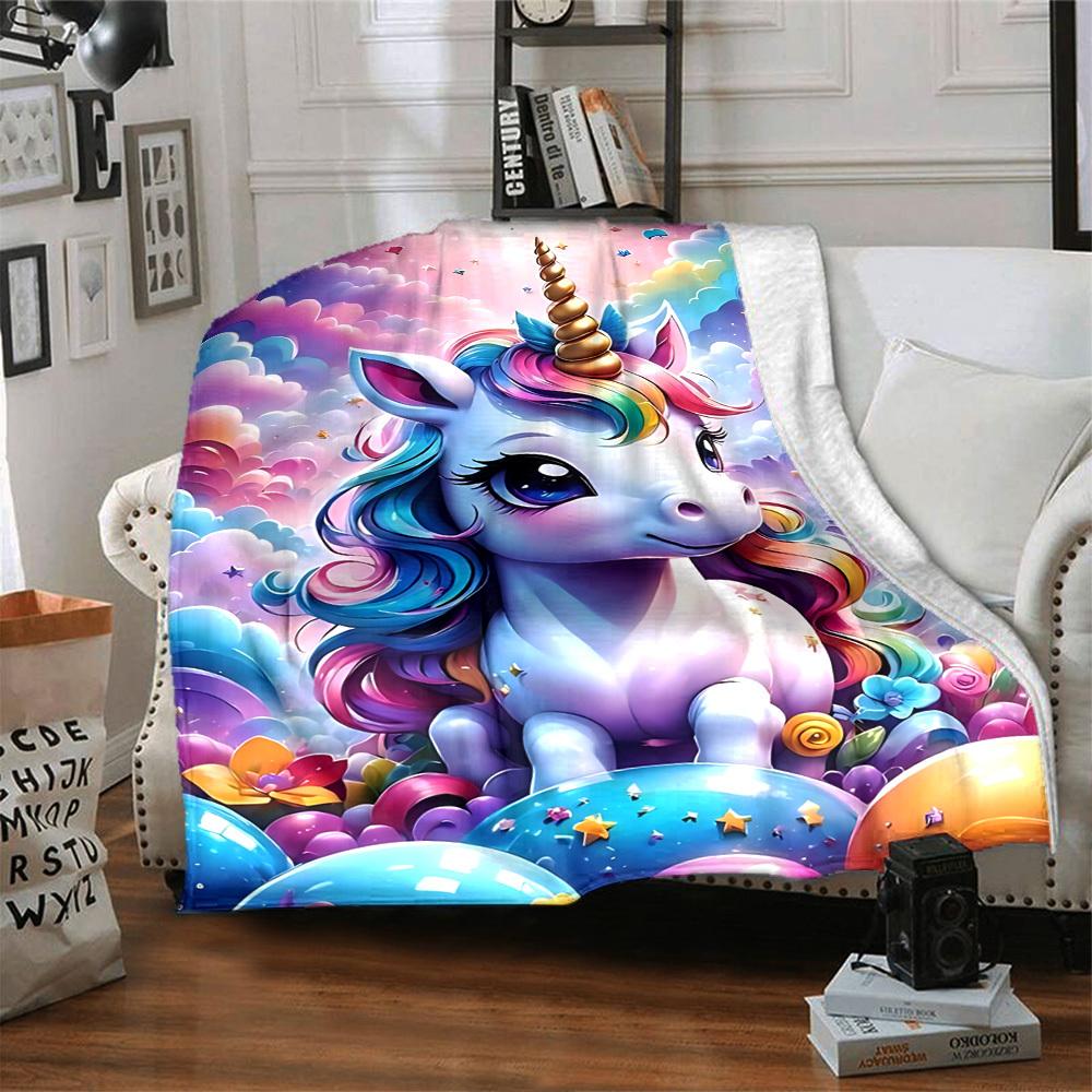 1pc Unicorn Rainbow Soft Warm Throw Blanket Nap Blanket For Couch Sofa Office Bed Camping Travel,Comfortable