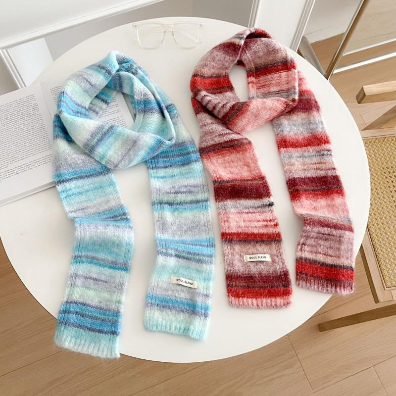 Cozy Knit Scarf Women Winter Warmth Creamy Pastel Color Block Style Soft Wool-Like Neck Wrap