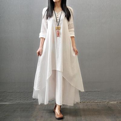 2023 High-Quality Long Two-Piece Linen Dress with Loose Sleeves