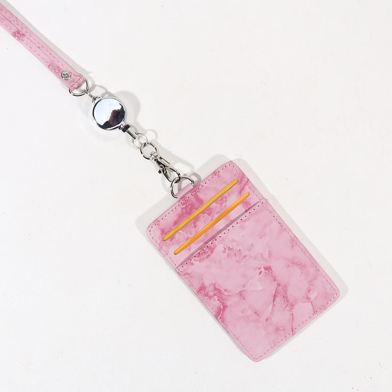 Retractable Lanyard Badge Holder PU Leather ID Card Case with Reel Clip for Work Employee Name Tag Keychain Passport Holder