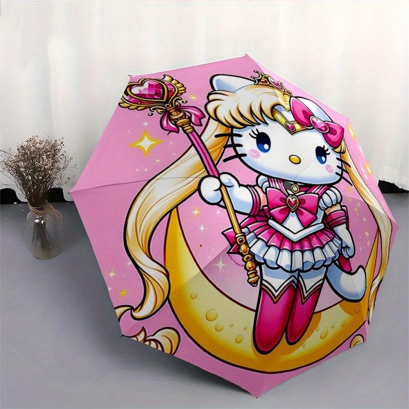 1pc Sailor Moon Hello Kitty Pattern Beautiful Looking Automatic Folding Umbrella, 3 Folding, 8 Pole Frame Design, Durable and Suitable for Travel and