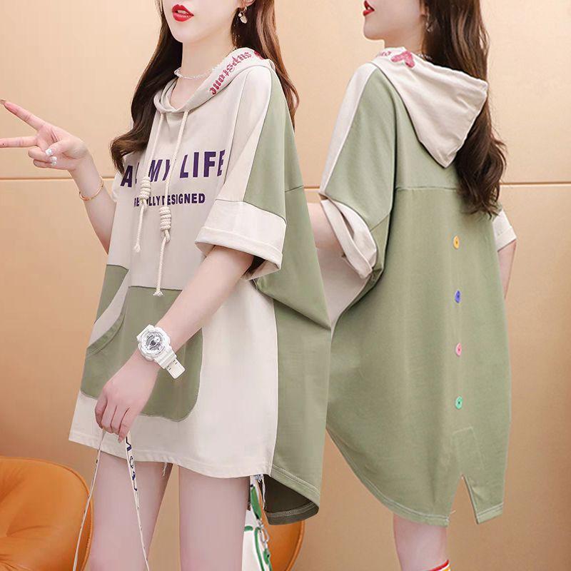 Women's Hooded Contrasting Back Panel T Shirt Summer Loose Long Women